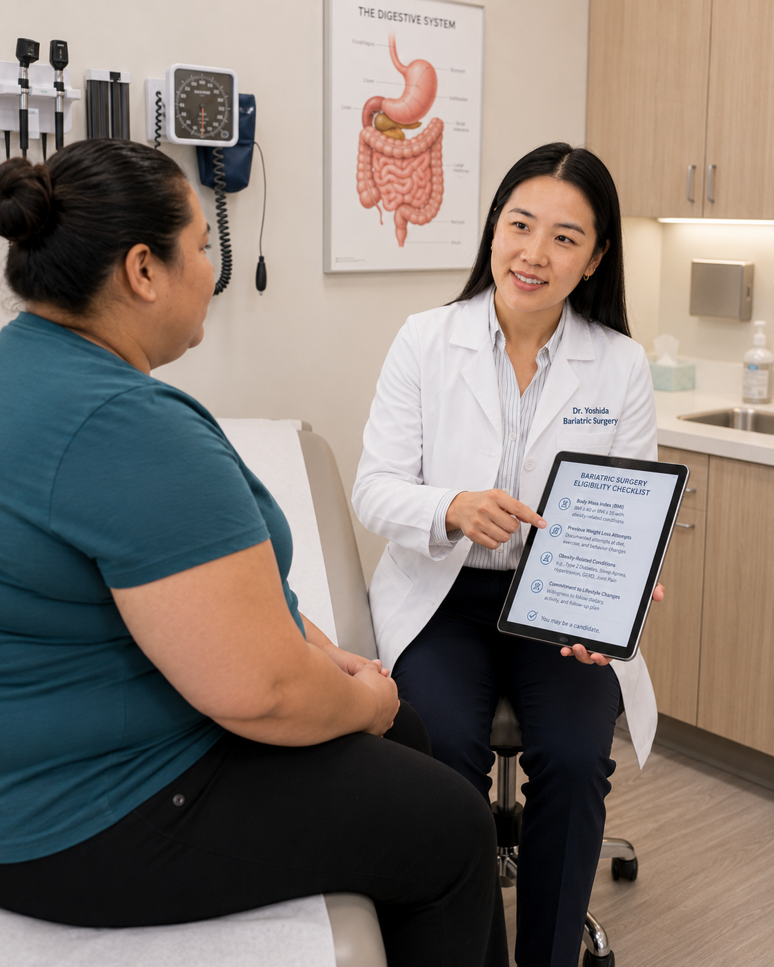 Dr. Yoshida reviewing bariatric surgery candidacy criteria with a patient