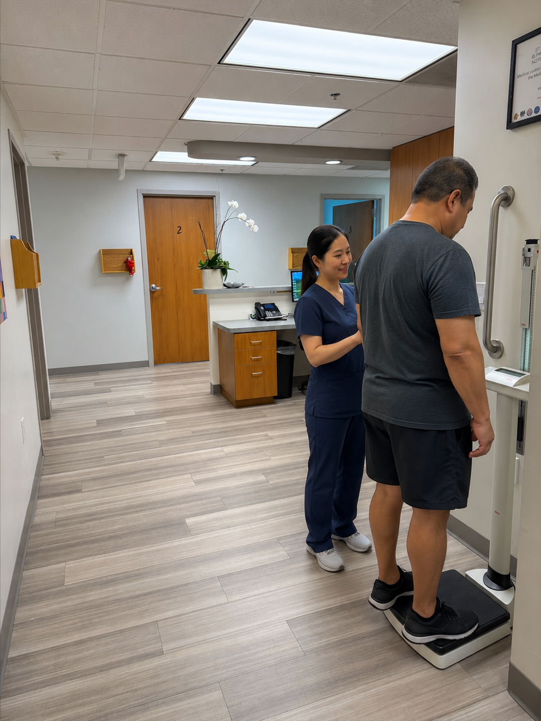 A nurse weighing a patient during a consultation visit